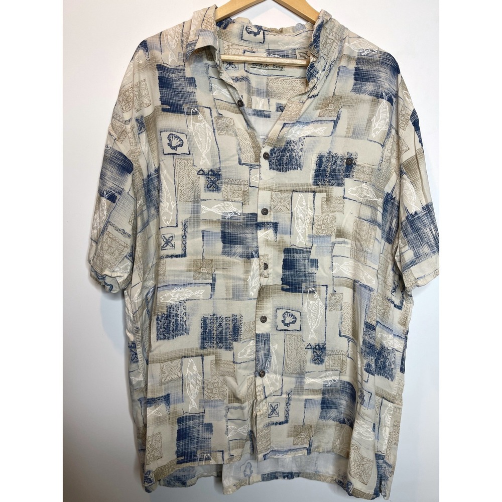Batik Bay‎ Tan Beige Blue Hawaiian Fish Aloha Mens Shirt